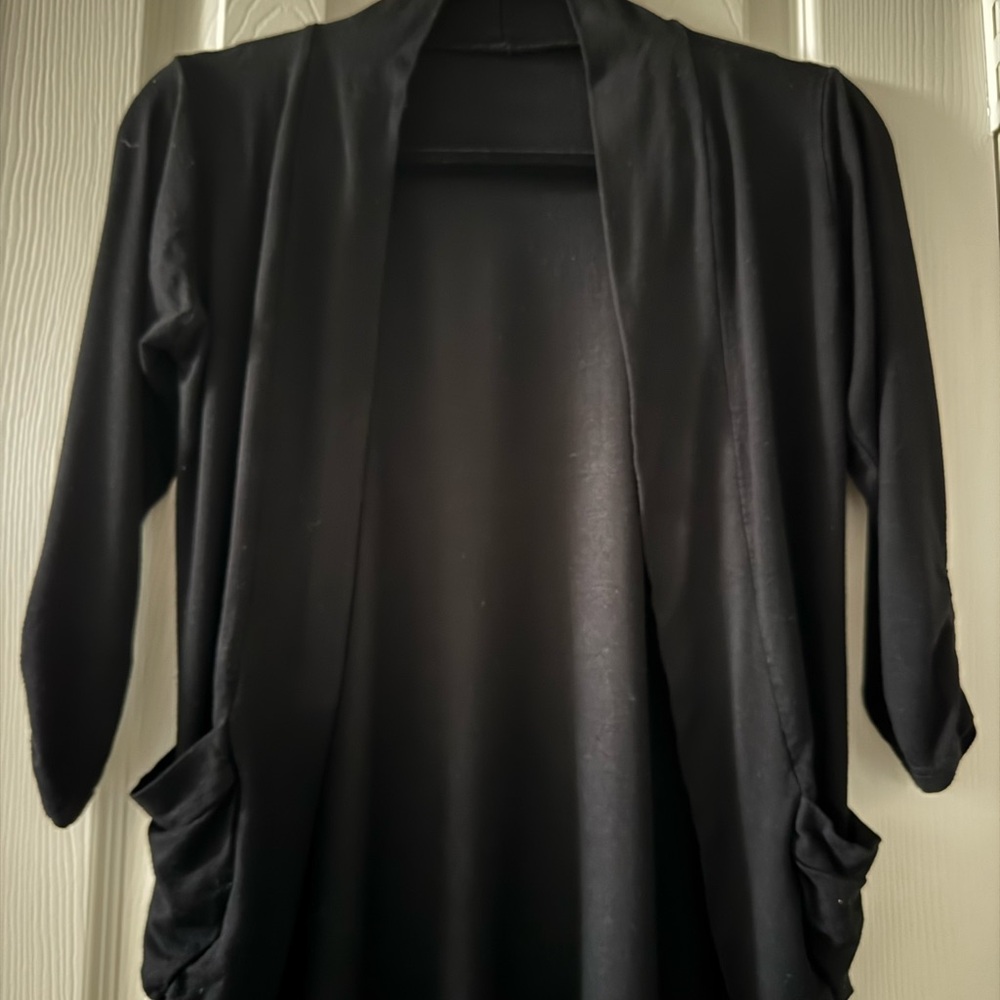 Black Cardigan Ruched 3/4 Sleeve Open Front with Pockets